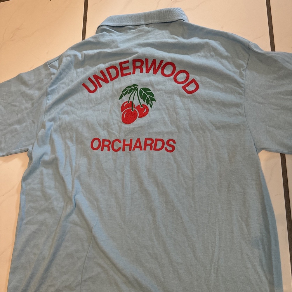 VTG 80s Bowling Style Polo Shirt Underwood Orchards Fruit Cherry Mens M/L Anvil